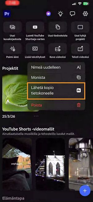 Projektin asetusvalikko aloitusnäytöllä, jossa Lähetä kopio tietokoneelle on korostettuna.