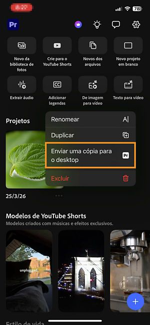 Menu de “Opções do projeto” na tela da “Página inicial” com “Enviar uma cópia para desktop” destacado.