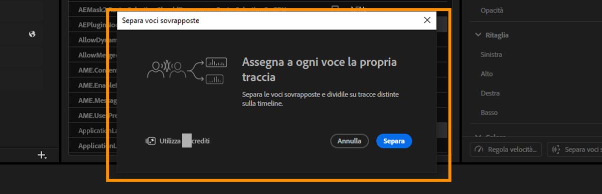 Finestra di dialogo Separare il crosstalk con informazioni sulla separazione di voci sovrapposte in tracce individuali, un indicatore che mostra l'utilizzo del credito generativo e un pulsante Separa per avviare l'elaborazione.