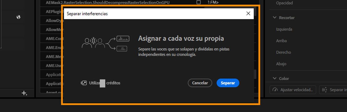 Cuadro de diálogo Separate Crosstalk con información sobre la separación de voces superpuestas en pistas individuales, un indicador que muestra el uso de créditos generativos y un botón Separate para iniciar el procesamiento.