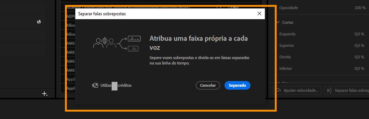 Caixa de diálogo Separar Crosstalk com informações sobre como separar vozes sobrepostas em faixas individuais, um indicador que mostra o uso de créditos gerativos e um botão Separar para iniciar o processamento.