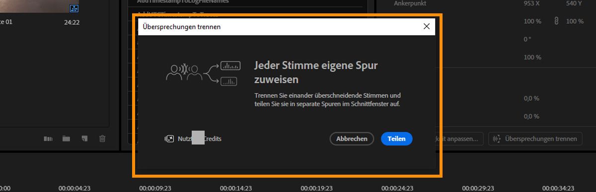 Dialogfeld „Separate Crosstalk“ mit Informationen über das Trennen überlappender Stimmen in einzelne Spuren, einem Indikator für die Verwendung von Generative Credits und einer Schaltfläche „Trennen“ zum Starten der Verarbeitung.