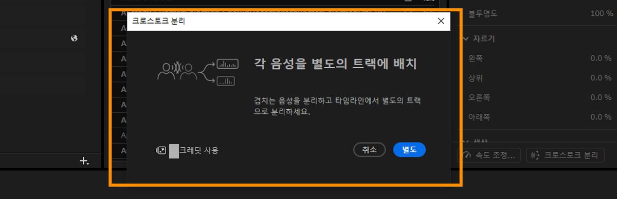 [Separate Crosstalk] 대화 상자에는 겹치는 음성을 개별 트랙으로 분리하는 정보, 생성 크레딧 사용량을 보여주는 표시기, 처리를 시작하는 [분리] 버튼이 포함되어 있습니다.