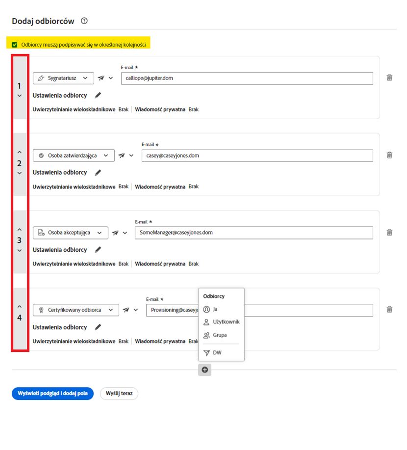 Konfiguracja podpisu równoległego na stronie Wyślij z wyróżnionym aktywnym elementem kontrolnym „Odbiorcy muszą podpisywać w kolejności” i zidentyfikowanymi numerami indeksu odbiorców.