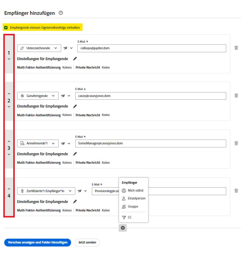 Konfiguration für parallele Signatur auf der Seite „Senden“ mit hervorgehobenem aktiviertem Steuerelement „Signierreihenfolge muss eingehalten werden“ und gekennzeichneten Empfangsindexnummern