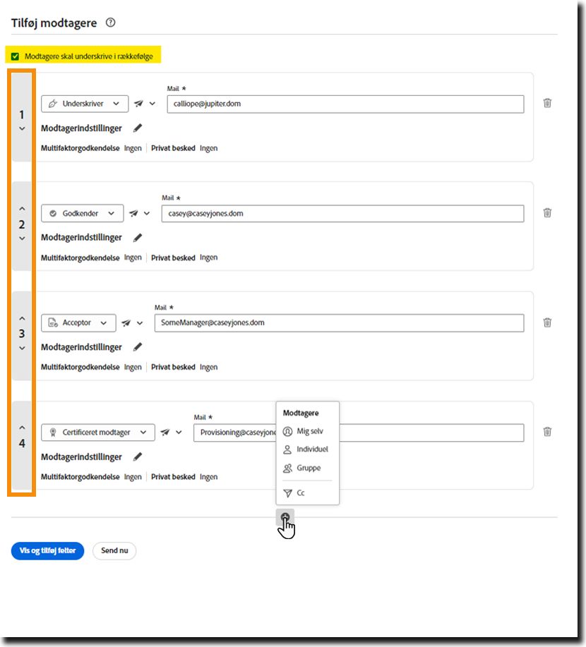 Parallel signaturkonfiguration på Send-siden med det aktiverede kontrolelement &quot;Modtagere skal underskrive i rækkefølge&quot; fremhævet, og modtagerens indekstal identificeret.