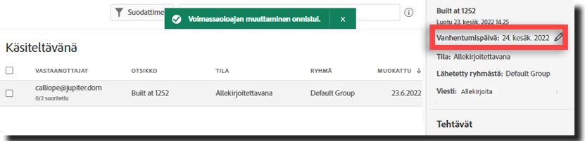 Viimeisen voimassaolopäivän määritys onnistui