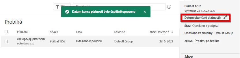 Úspěšné nastavení data konce platnosti