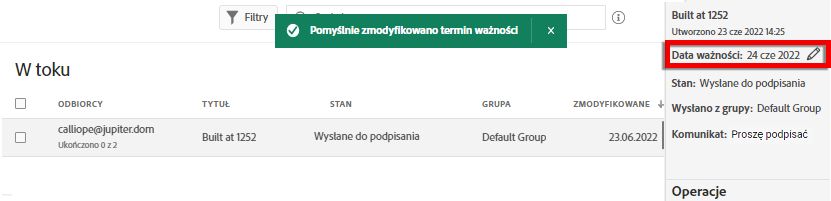 Ustawianie daty wygaśnięcia powiodło się