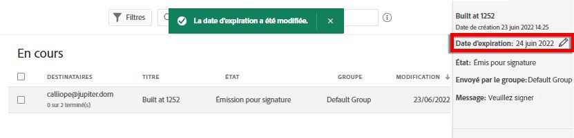 Définition de la date d’expiration réussie