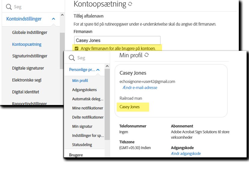 Indstil firmanavnet for brugeren i dennes profil