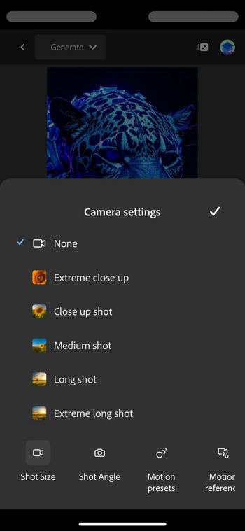The Text to video screen in Firefly displays the Camera settings menu with the Shot size tab open with various options like Extreme close up and Long shot.