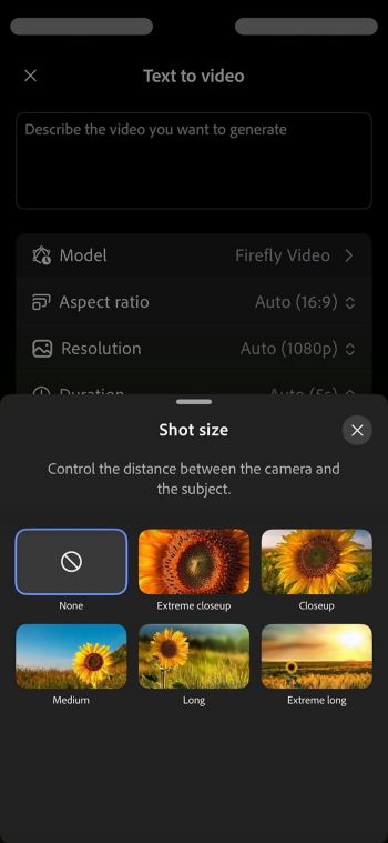 Firefly の「テキストから動画生成」画面にあるショットサイズメニューには、「超クローズアップ」、「クローズアップ」、「ミディアム」など様々なショットサイズオプションが表示されます。