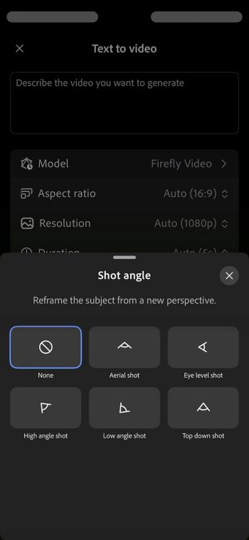 Firefly の「テキストから動画生成」画面にあるショット角度メニューには、「航空写真」、「アイレベルショット」、「ローアングルショット」など様々なオプションが表示されます。