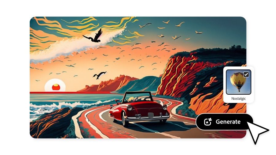 A vintage red convertible driving along a winding coastal road at sunset