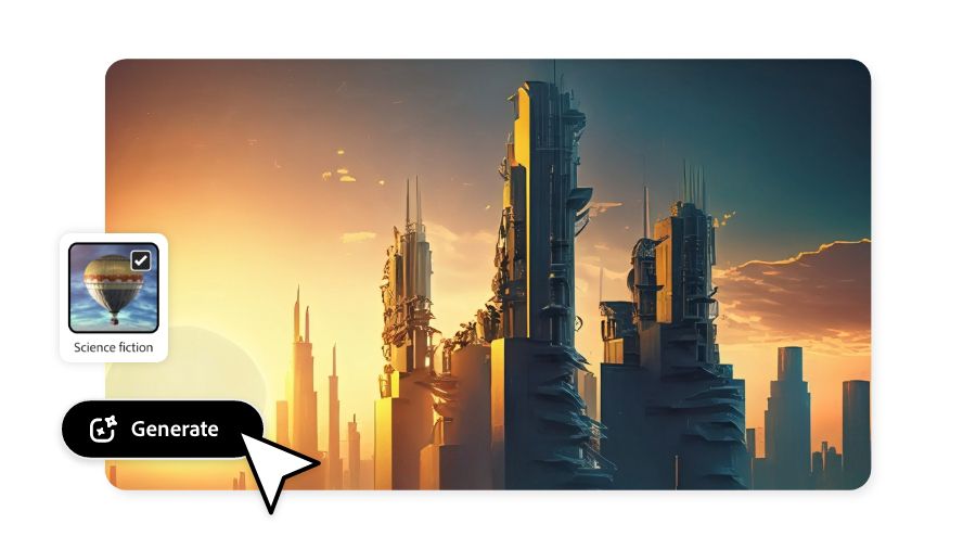 Futuristic city skyline with towering skyscrapers, bathed in a warm golden glow from the setting sun