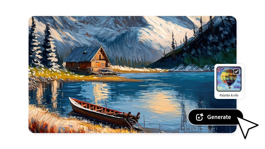 A mountain lake nestled between snow-capped peaks, with a wooden cabin overlooking the tranquil water