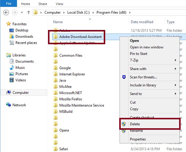 Adobe Download Assistant seleccionado con el menú contextual abierto