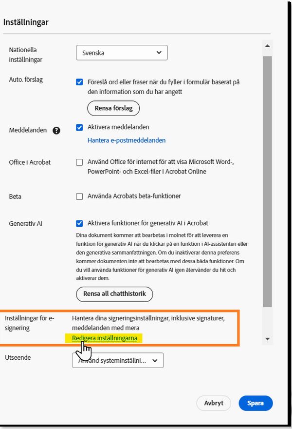 Acrobat Pro-menyn för inställningar med länken för att hantera inställningar för e-signatur är markerad