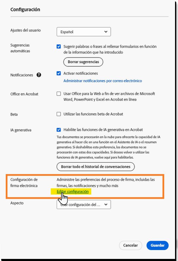 Menú Configuración de Acrobat Pro con el vínculo para administrar la configuración de firma electrónica resaltada