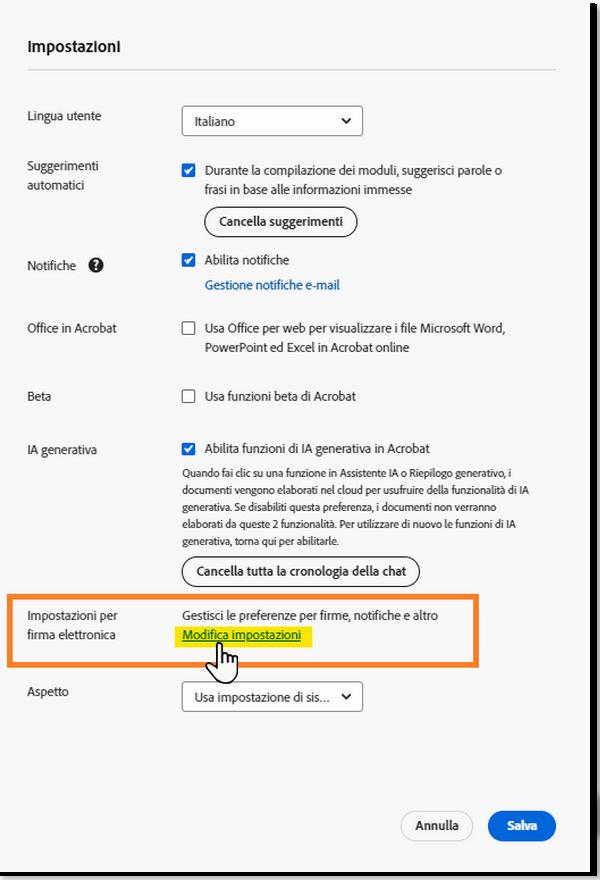 Menu Impostazioni di Acrobat Pro con evidenziato il collegamento per gestire le impostazioni di firma elettronica