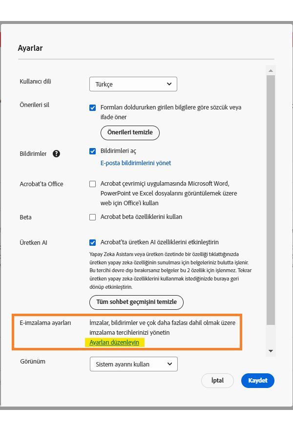 E-imza ayarlarını yönetme bağlantısının vurgulandığı Acrobat Pro Ayarlar menüsü