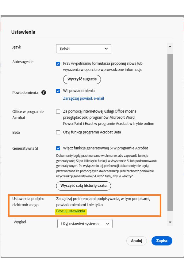 Menu Ustawienia programu Acrobat Pro z podświetlonym łączem do zarządzania ustawieniami podpisu elektronicznego