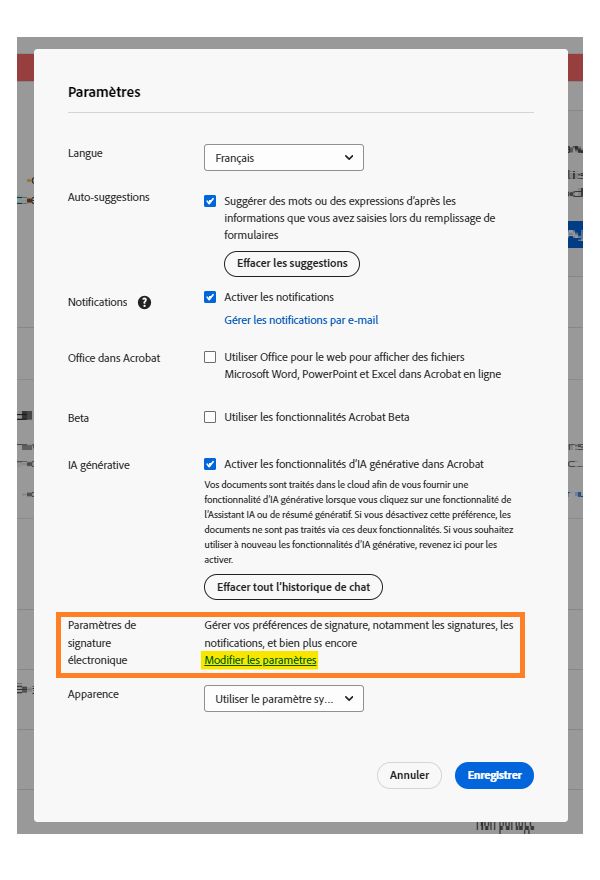 Menu Paramètres d’Acrobat Pro avec le lien permettant de gérer les paramètres de signature électronique en surbrillance