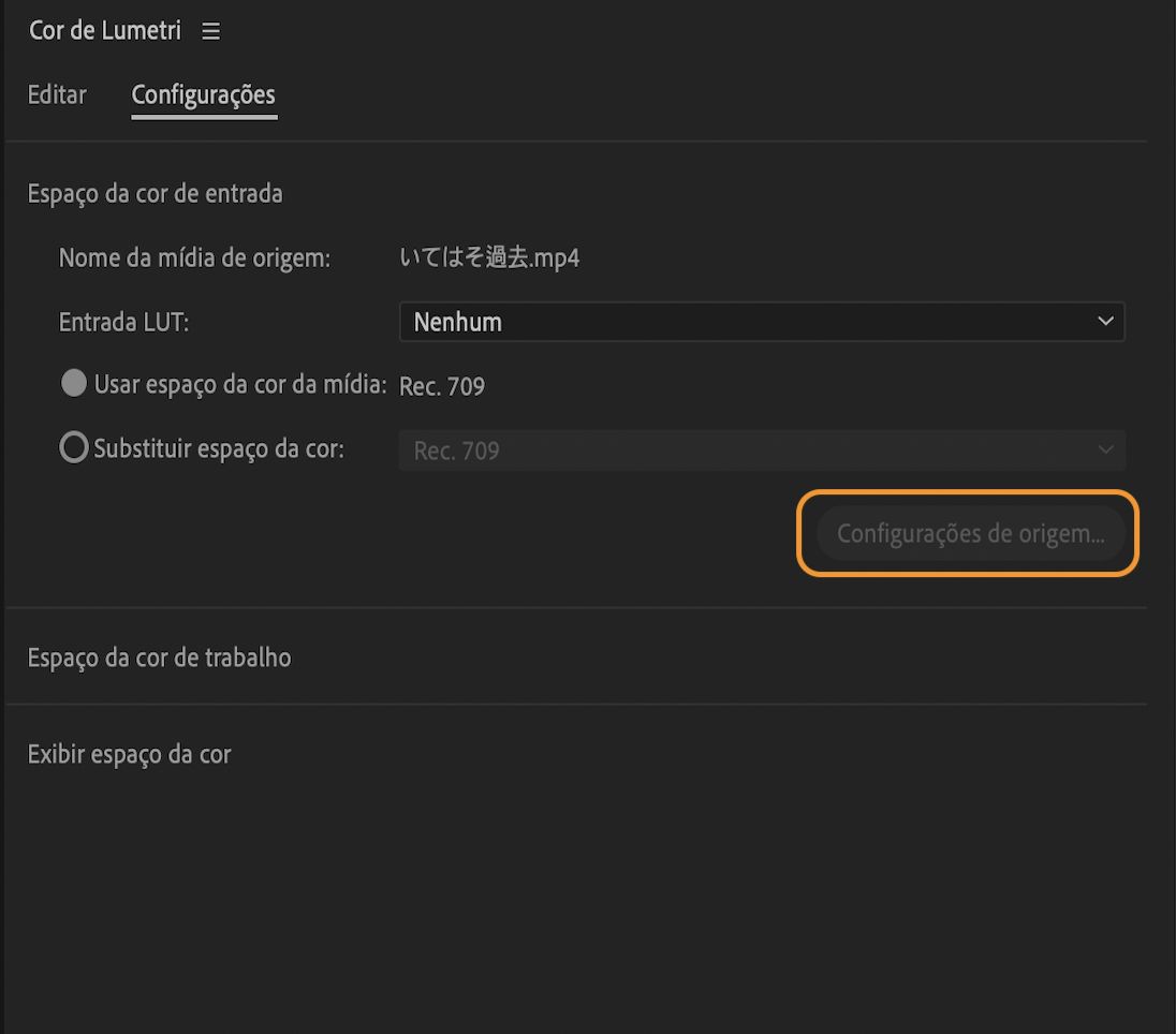 A interface mostra as configurações do espaço da cor de entrada com uma opção para acessar as Configurações de origem.