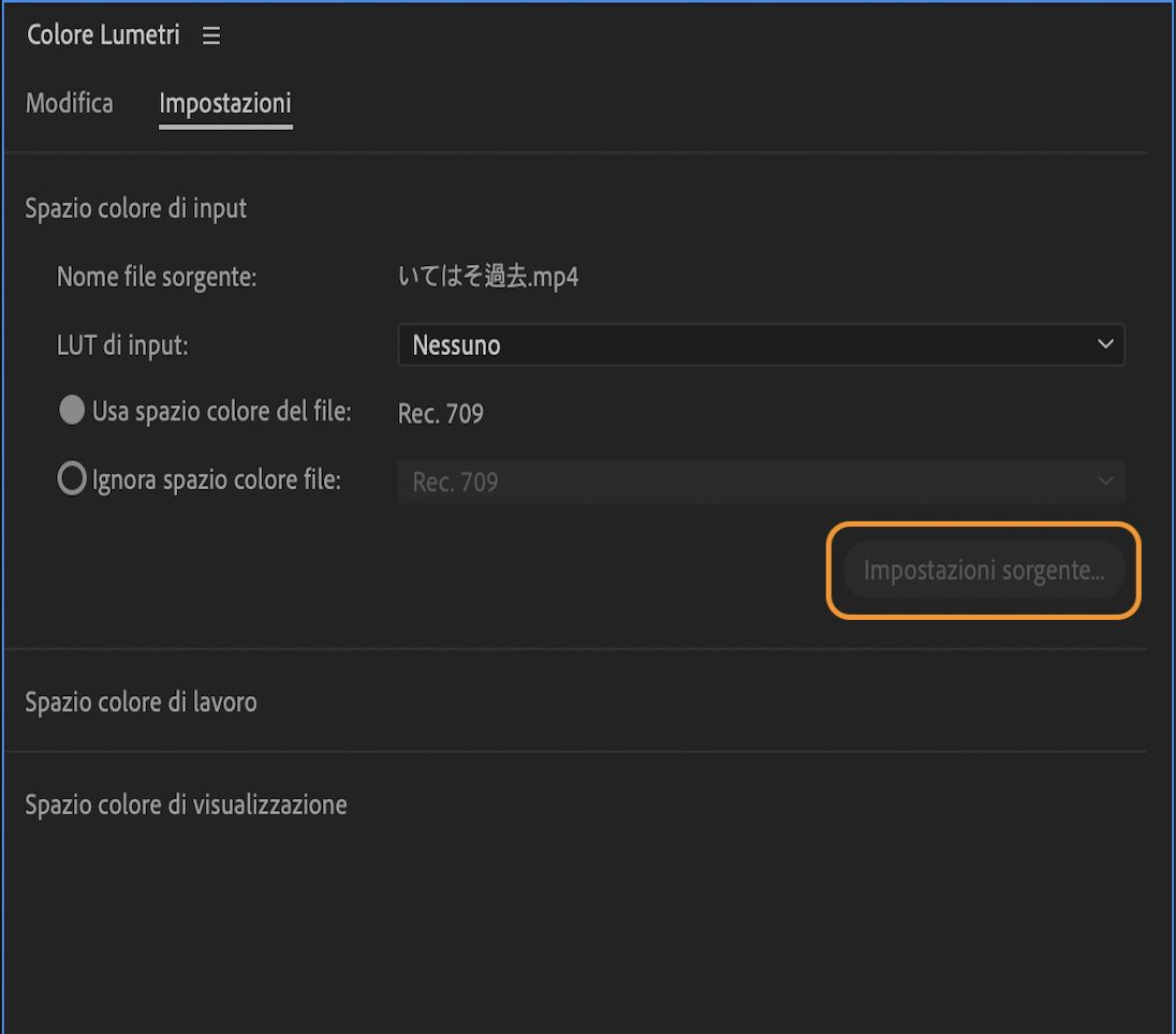 L'interfaccia utente mostra le impostazioni dello Spazio colore di input con un’opzione per accedere alle Impostazioni sorgente.