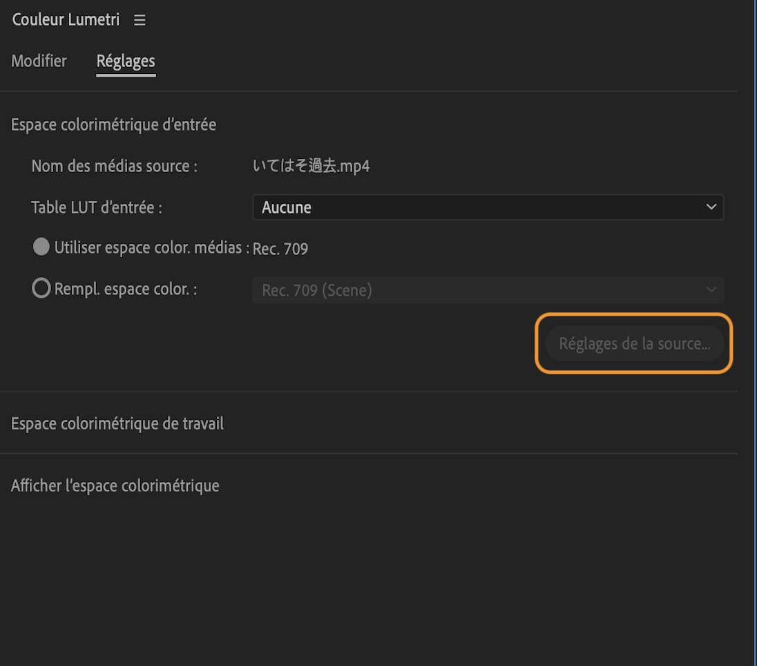 L’interface utilisateur affiche les paramètres Espace colorimétrique d’entrée, avec une option permettant d’accéder aux paramètres de la source.