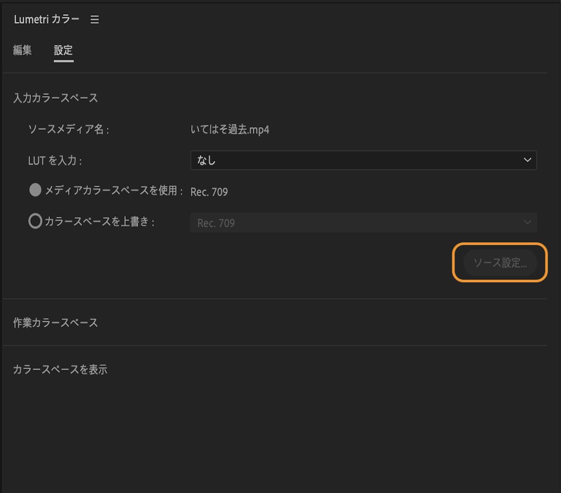 UI には、ソース設定にアクセスするオプションを含む入力カラースペース設定が表示されます。