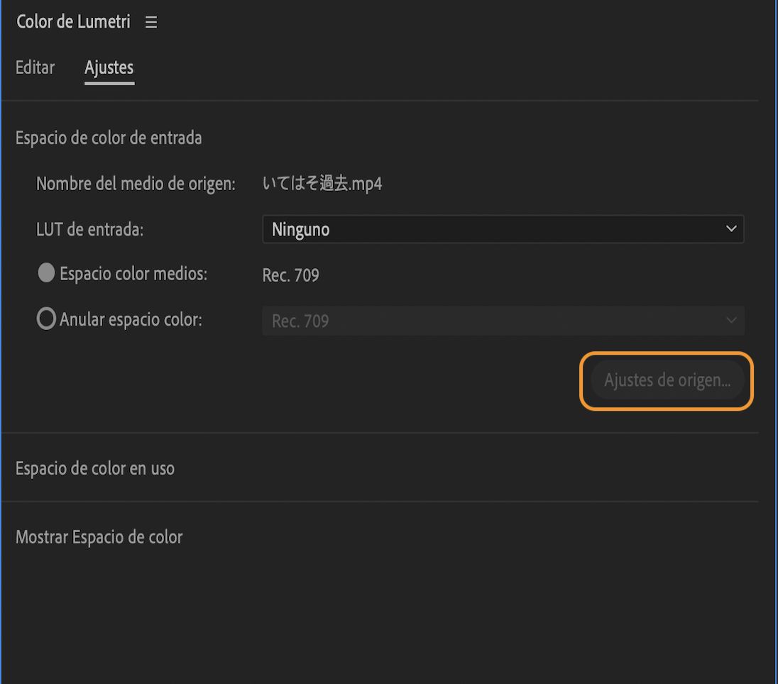 La interfaz de usuario muestra la configuración del espacio de color de entrada con una opción para acceder a la configuración de origen.