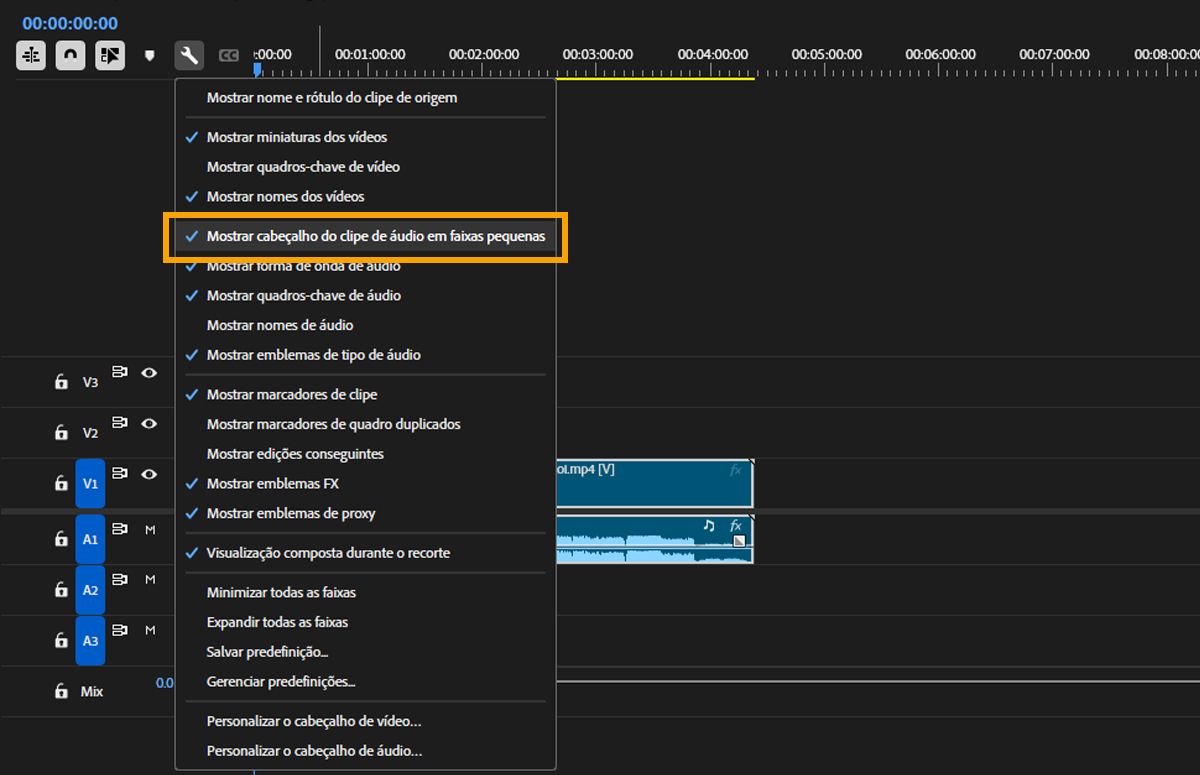O menu “Configurações de exibição da linha do tempo” é exibido com várias opções, como nomes de clipes, miniaturas, quadros-chave e marcadores. Marque ou desmarque as opções de menus que deseja visualizar na sua linha do tempo.
