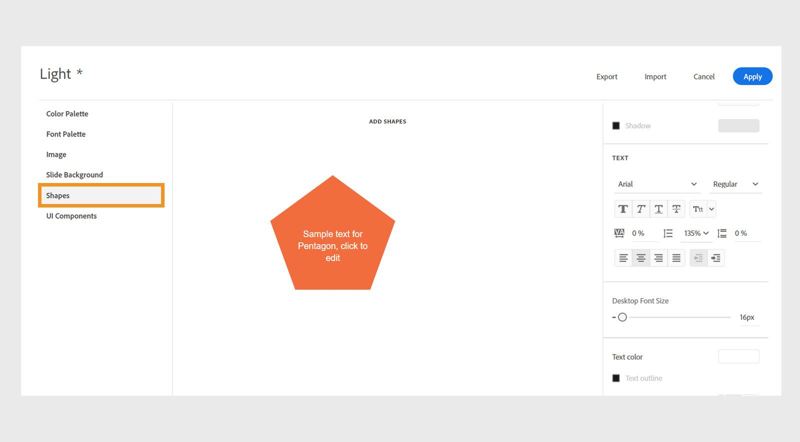 Theme editor interface showing the Shapes section with options for setting default fill colors, borders, and text properties