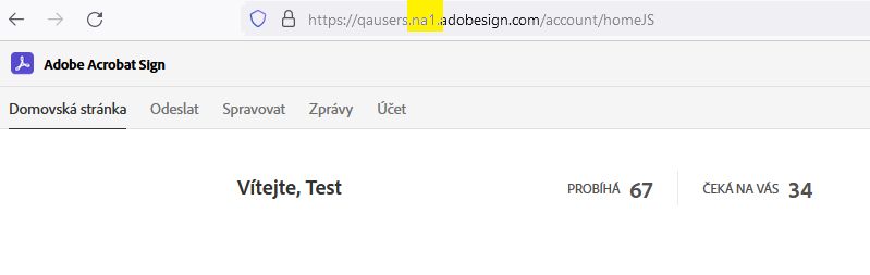 Adresa URL služby Adobe Sign se zvýrazněním instance