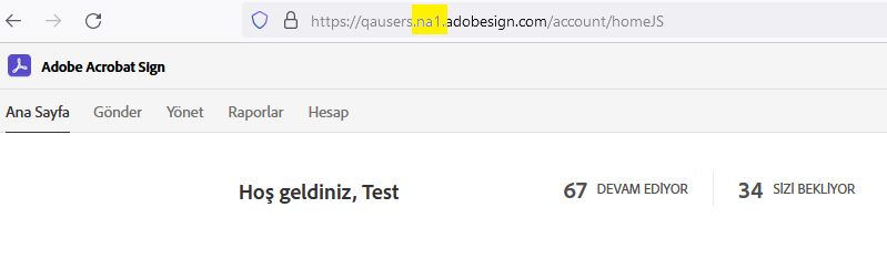 Ortam kısmı vurgulanmış halde bir Adobe Sign URL'si