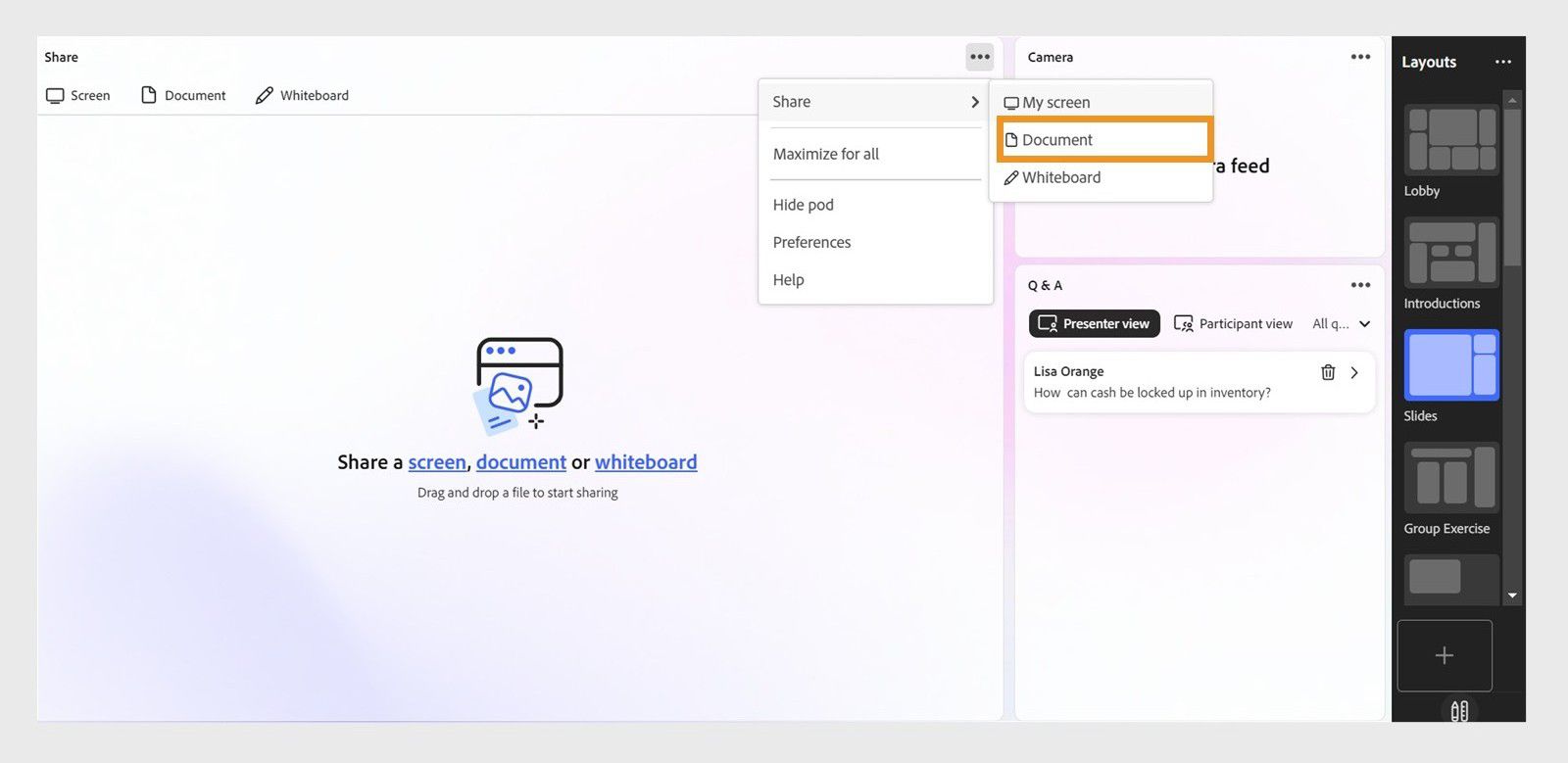 Sharing a document via Share pod menu options