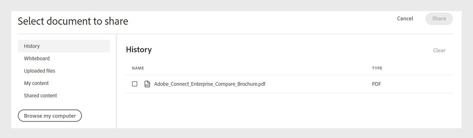 Select document to share dialog opens