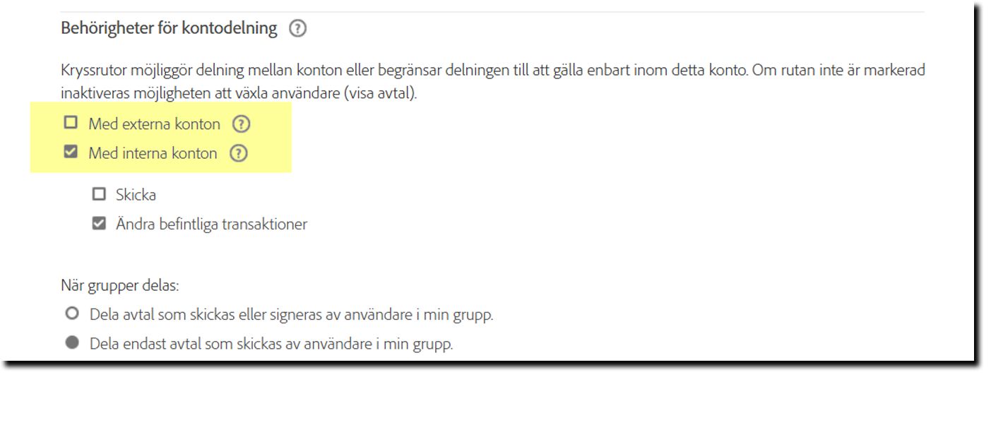 Sidan med säkerhetsinställningar visar delningsalternativen.