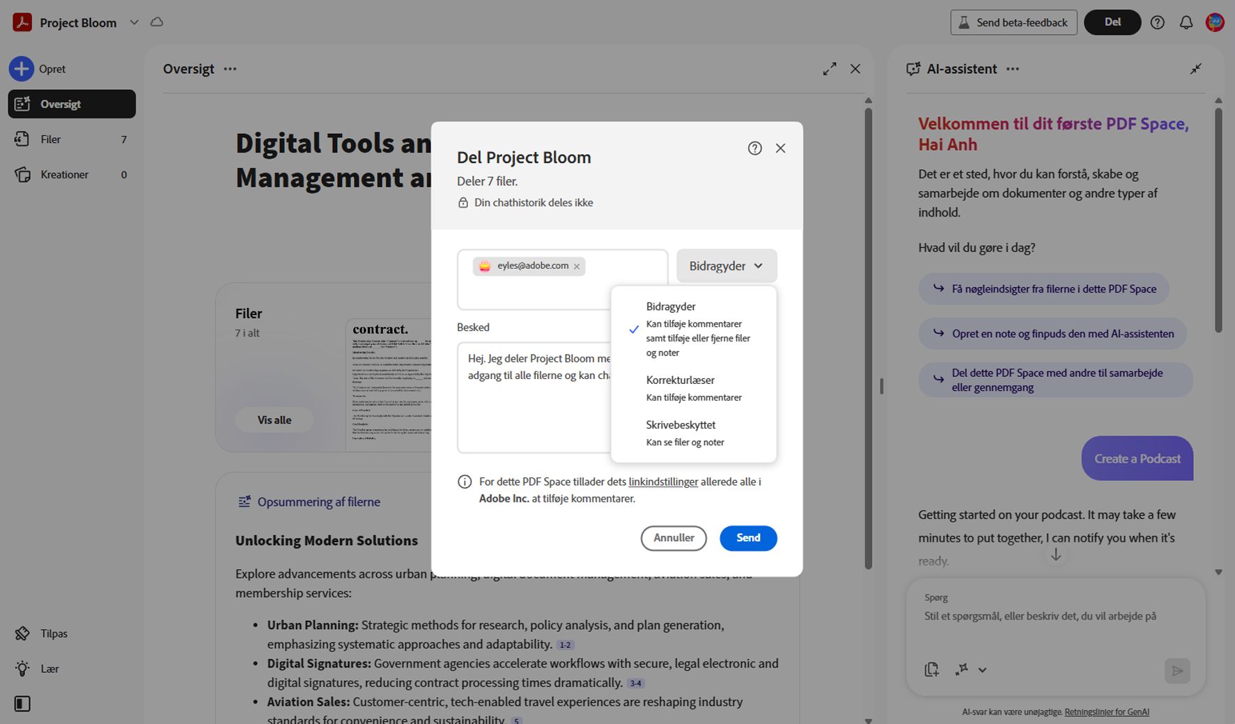 Deldialogboks for et PDF Space, der viser modtagers e-mailadresse, tilladelsesmuligheder (Bidragyder, Anmelder, Fremviser) og kontrolelementer til at sende et delingslink.