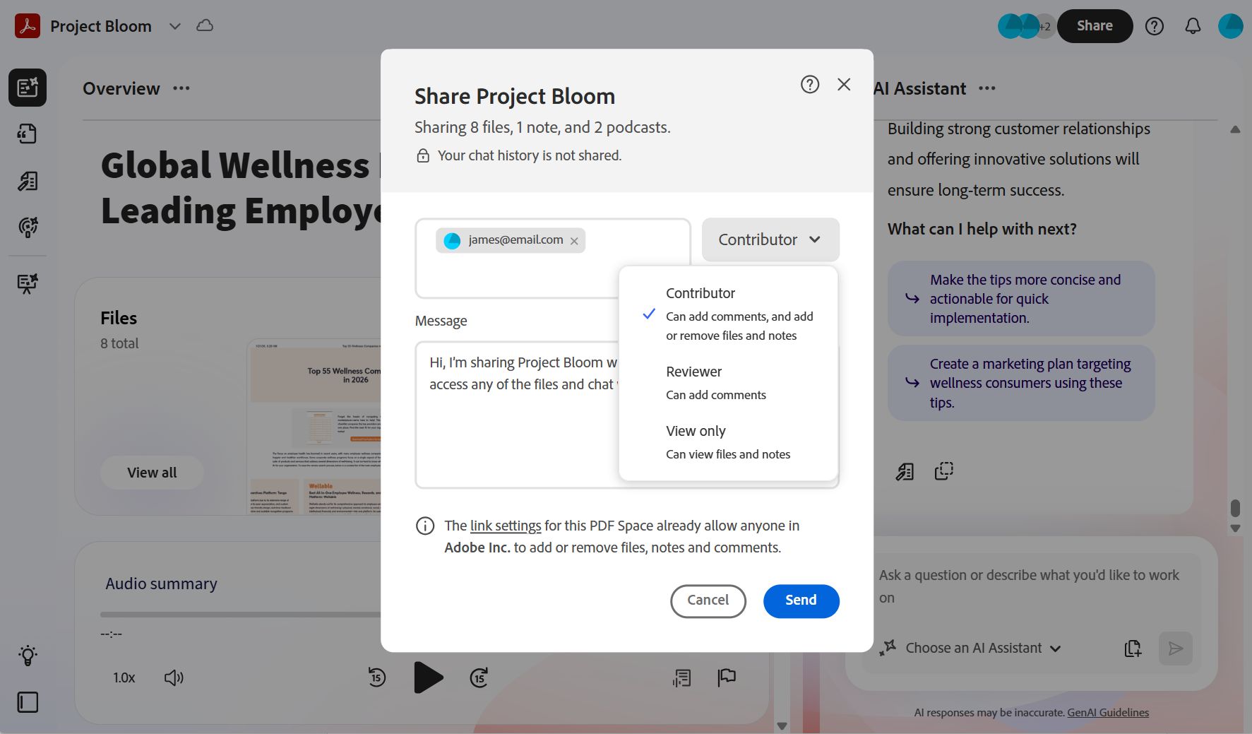 Dialog box para sa pagbabahagi ng PDF Space na nagpapakita ng email ng tatanggap, mga pagpipilian sa pahintulot (Contributor, Reviewer, Viewer), at mga kontrol para magpadala ng link sa pagbabahagi.
