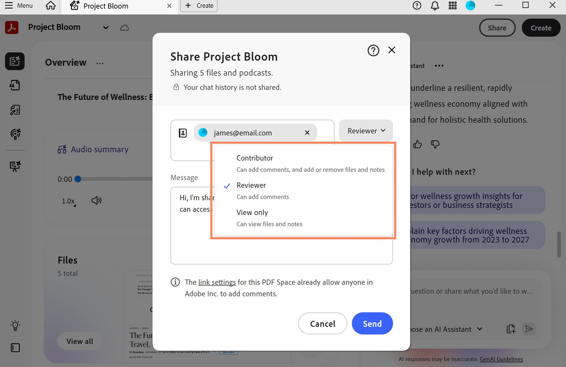 Dialog box para sa pagbabahagi ng PDF Space na nagpapakita ng email ng tatanggap, mga pagpipilian sa pahintulot (Contributor, Reviewer, Viewer), at mga kontrol para magpadala ng link sa pagbabahagi.