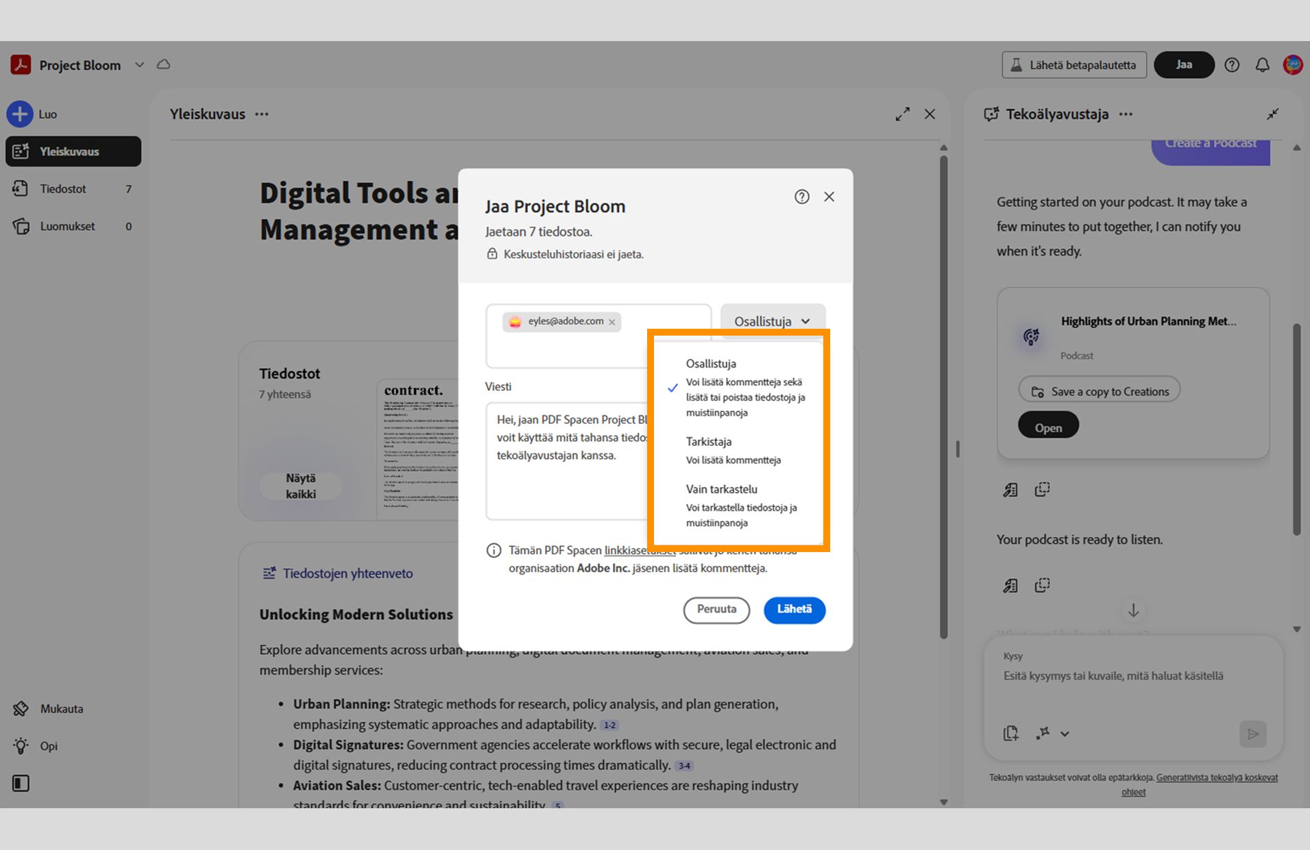 PDF Spacen jakovalintaikkuna, jossa näkyy vastaanottajan sähköposti, käyttöoikeusvaihtoehdot (Osallistuja, Arvioija, Katselija) ja jakolinkin lähettämisen ohjaimet.