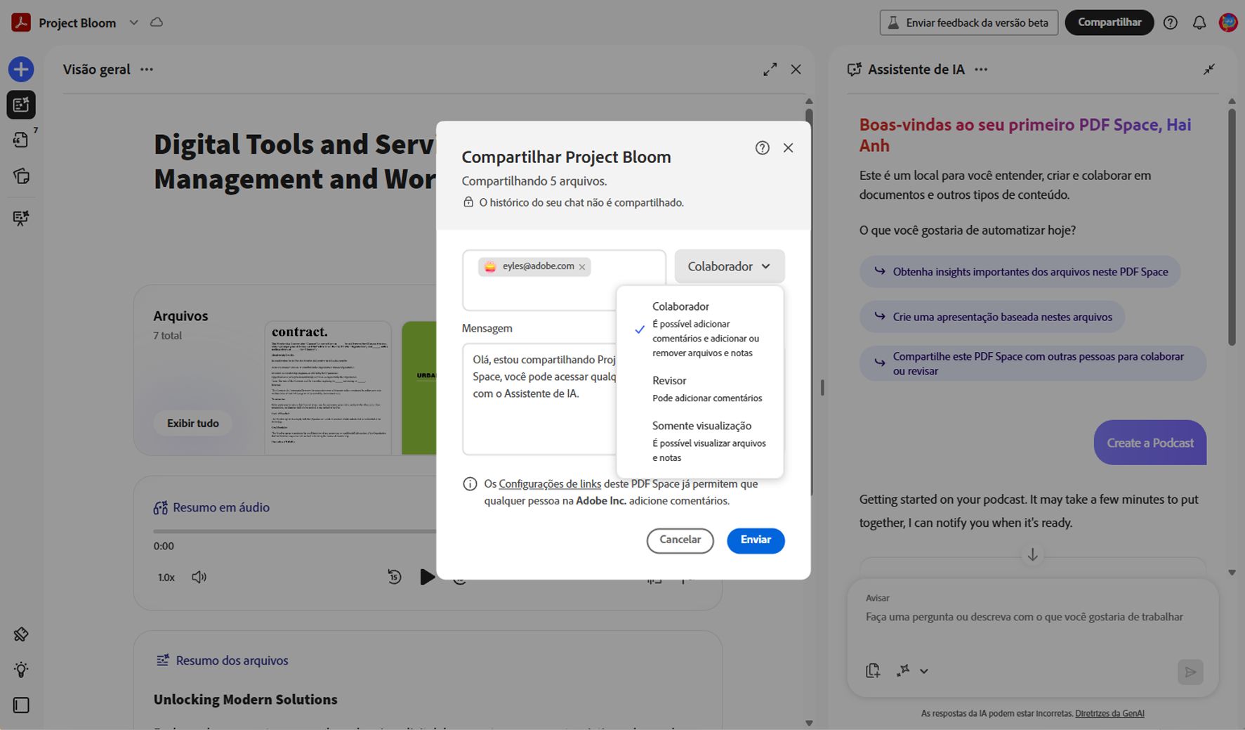 Caixa de diálogo Compartilhar para um PDF Space mostrando email do destinatário, opções de permissão (Colaborador, Revisor, Visualizador) e controles para enviar um link de compartilhamento.