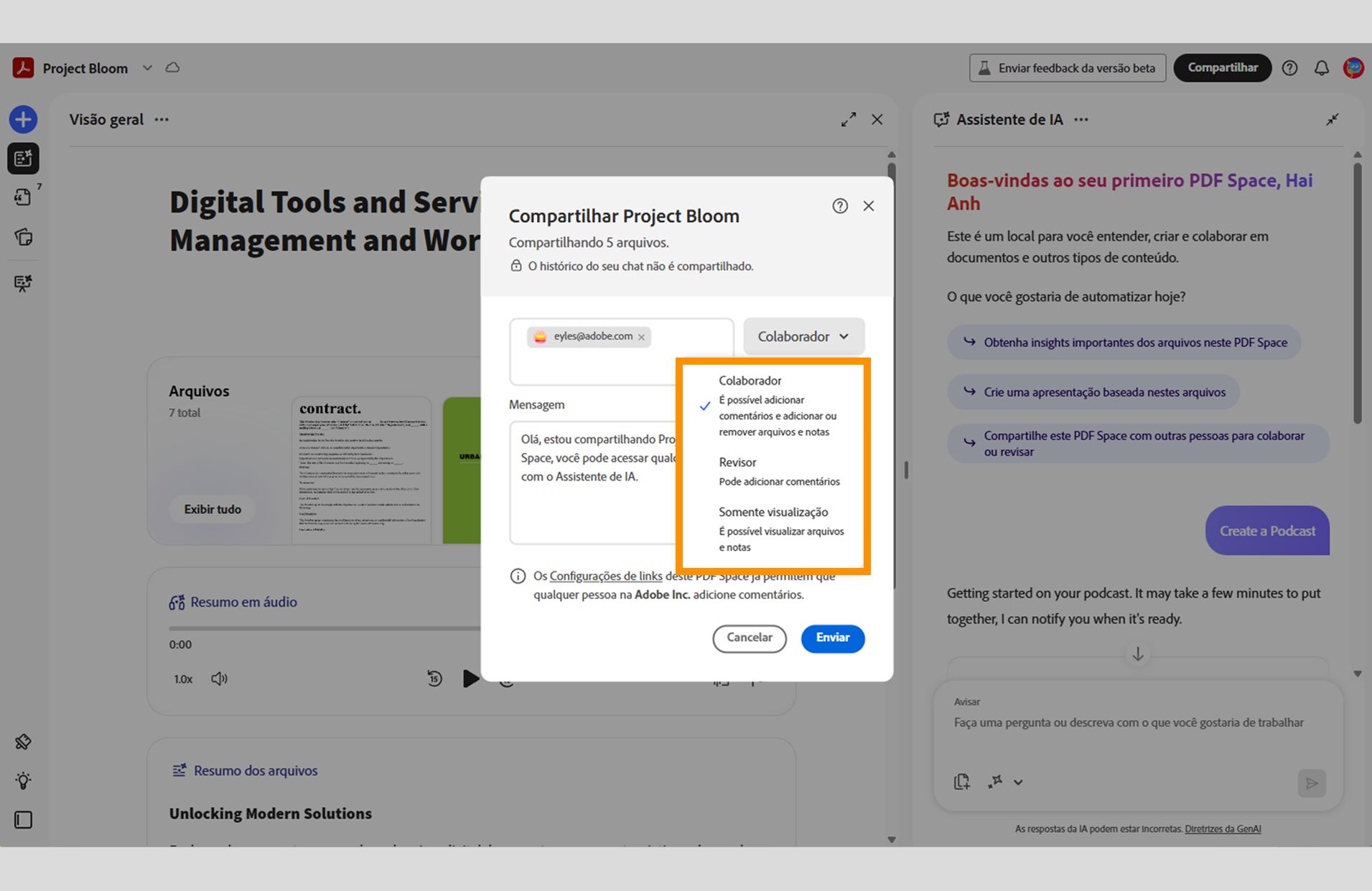 Caixa de diálogo Compartilhar para um PDF Space mostrando email do destinatário, opções de permissão (Colaborador, Revisor, Visualizador) e controles para enviar um link de compartilhamento.