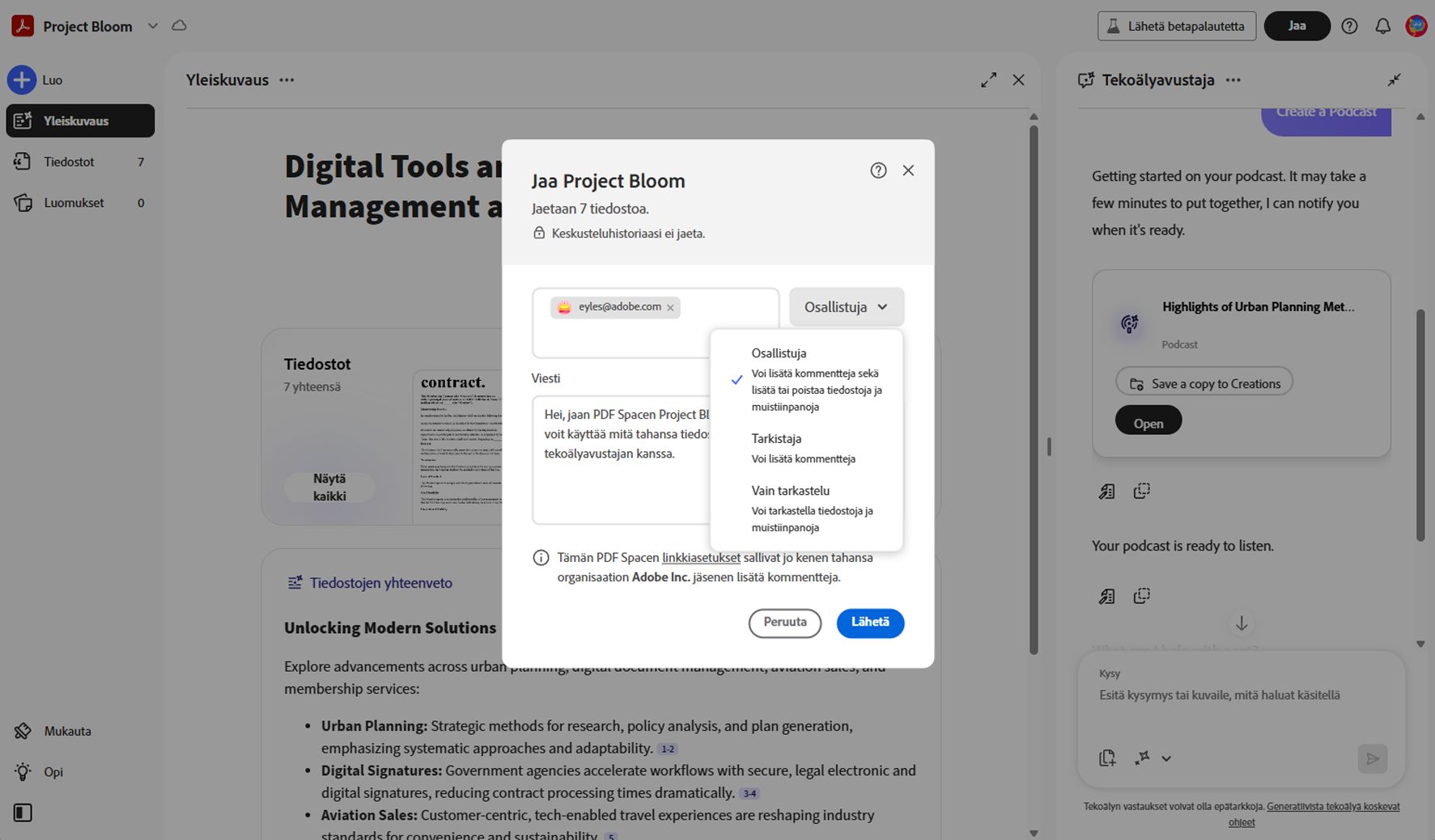 PDF Spacen jakovalintaikkuna, jossa näkyy vastaanottajan sähköposti, käyttöoikeusvaihtoehdot (Osallistuja, Arvioija, Katselija) ja jakolinkin lähettämisen ohjaimet.