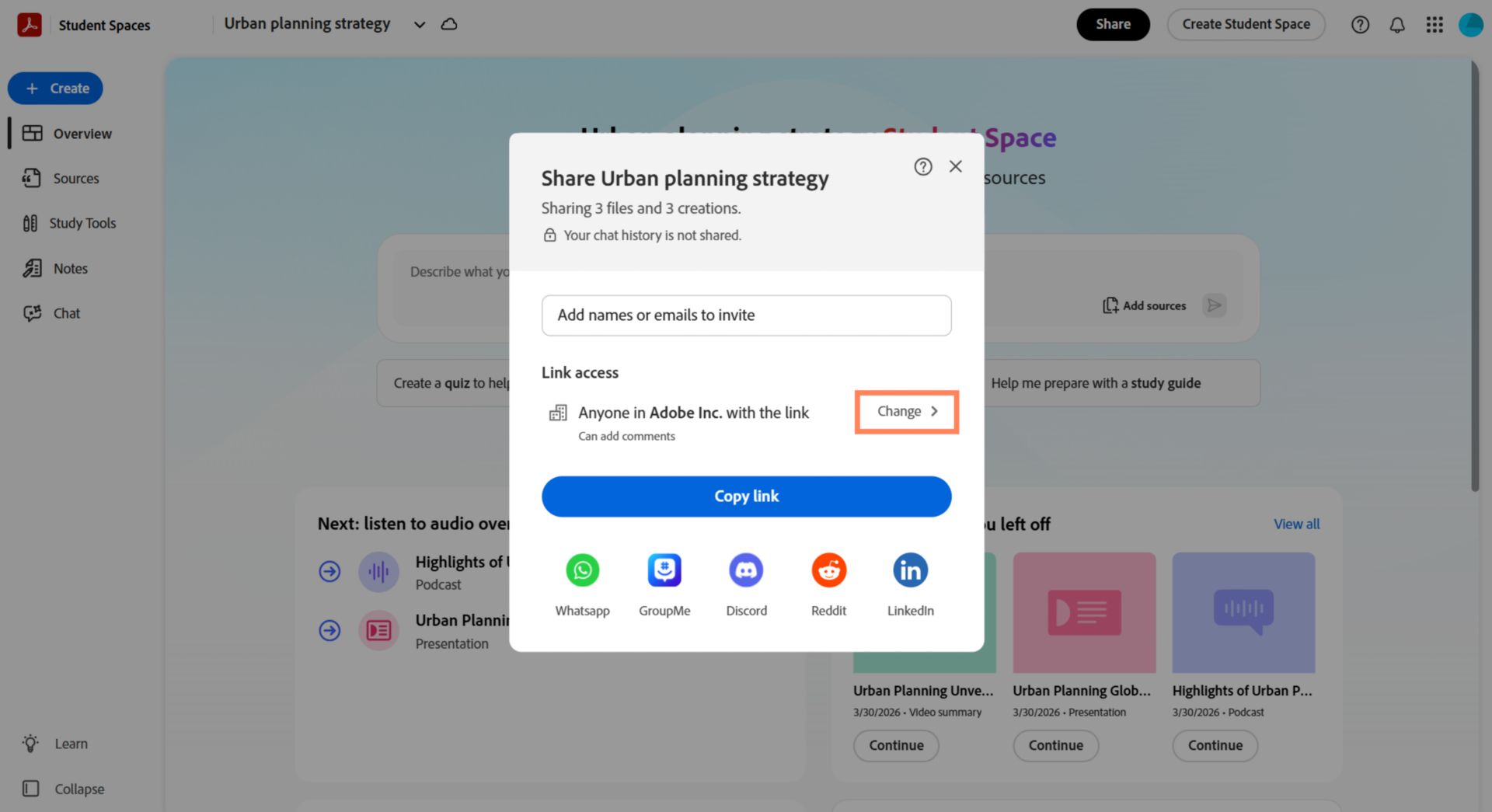 Share dialog para sa Student Space na nagpapakita ng link access na mga opsyon at naka-highlight na Change setting.