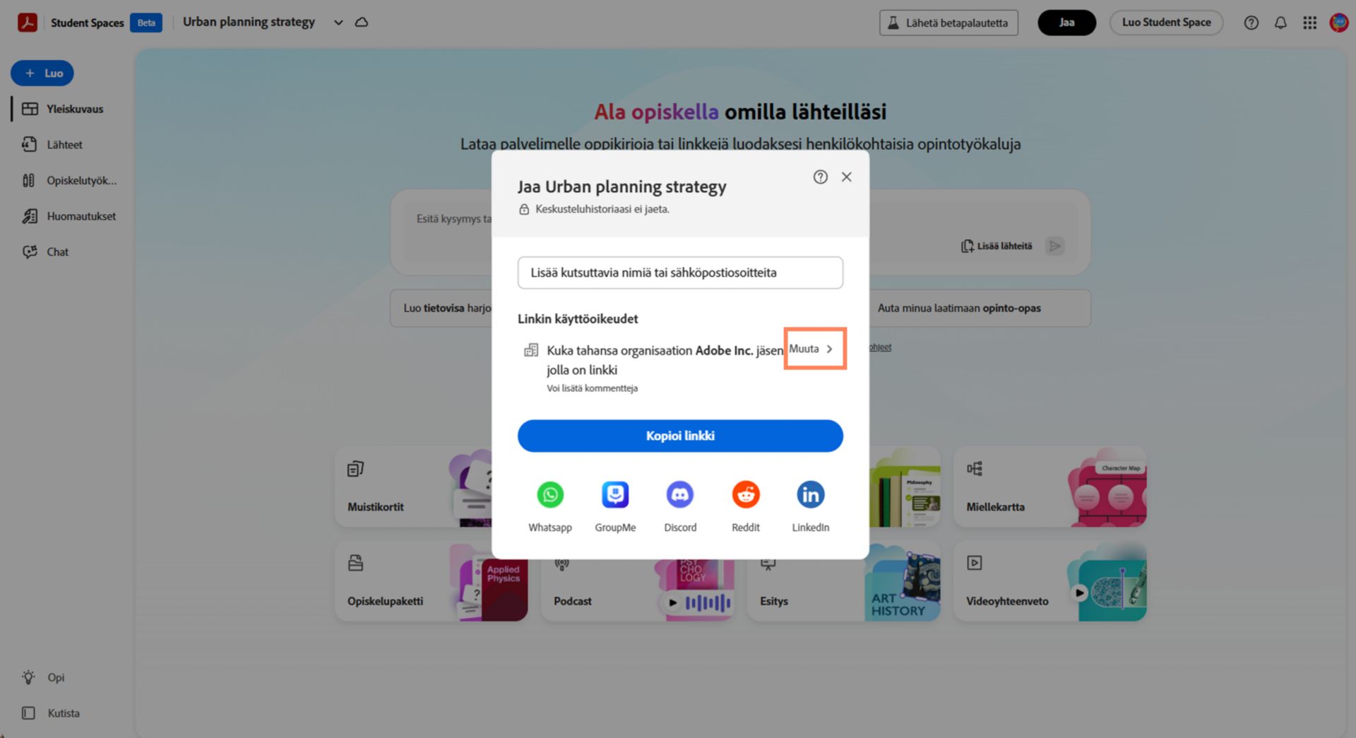 Student Spacen jakamisikkuna, jossa näkyvät linkin käyttöoikeusvaihtoehdot ja korostettu Muuta-asetus.