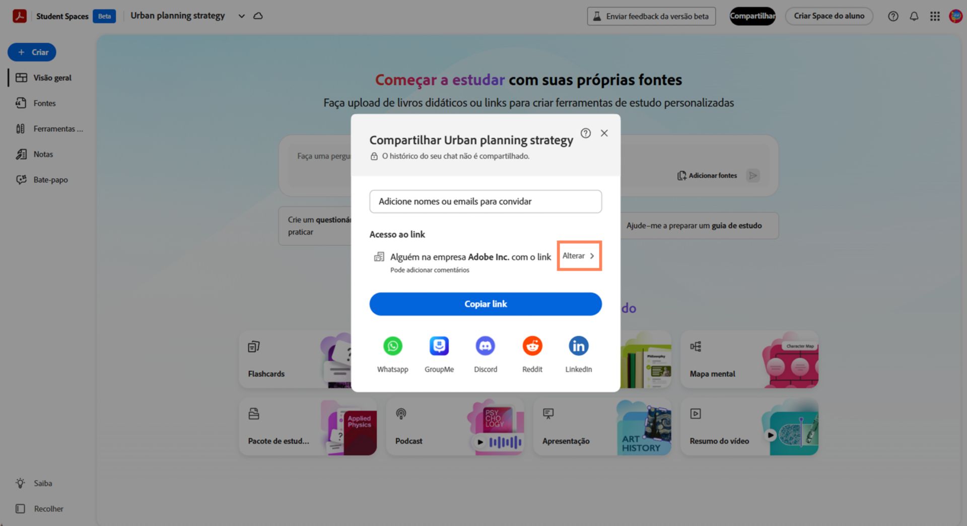 Diálogo de compartilhamento para um Student Space mostrando opções de acesso por link e a configuração Alterar destacada.